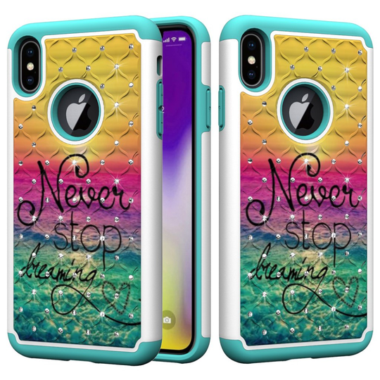 iPhone Xs Max Tekojalokivi koristeltu kuviollinen hybriidi muovinen takasuoja kuori - Motivaatio Teksti