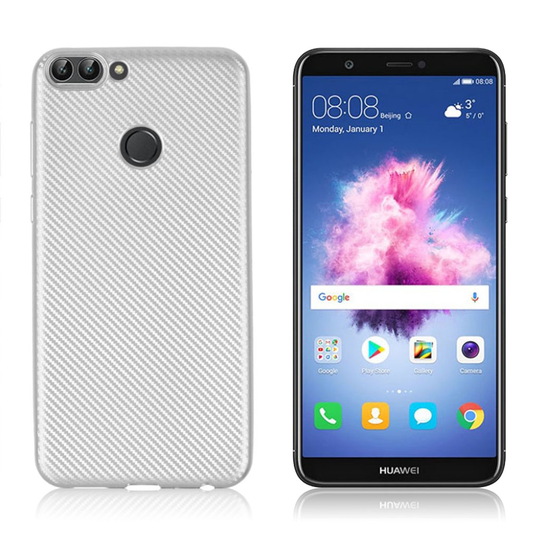Huawei P Smart Hiilikuitu Harjattu Pehmeä TPU Takasuoja Kuori - Hopea