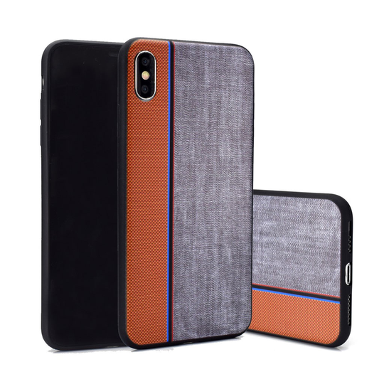 iPhone Xs Max kaksisävyinen farkku kangas rakenne silikooni muovinen takasuoja kuori - Ruskea/ Harmaa
