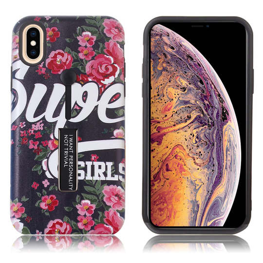 iPhone Xs Max Kukka kuviollinen hybriidi muovinen takasuoja kuori jalkatuella - Peonit ja Teksti
