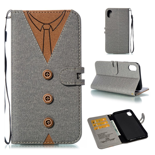 iPhone Xr imprint men tie décor leather flip case - Grey