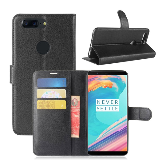 OnePlus 5T litsitekstuurinen nahkakotelo - Musta