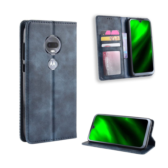 Motorola Moto G7 auto-absorbed vintage tyylinen nahkainen flip suojakotelo - Sininen