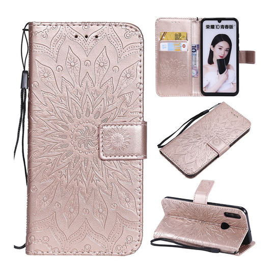 Huawei P Smart 2019 painettu auringonkukka nahkainen flip suojakotelo - Punakulta