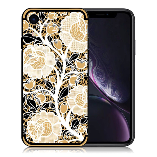 iPhone Xr pehmeä kukka kuviollinen silikooni muovinen suojakuori tekojalokivi koristeilla - Oranssi
