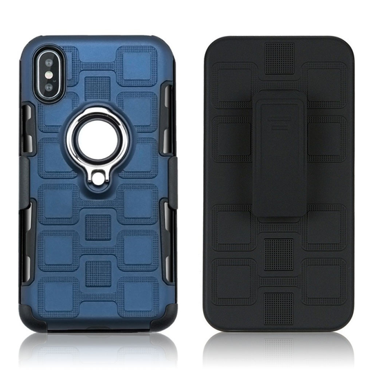 iPhone XS Hybriidi muovinen ruutu kuviollinen takausoja kuori magneetilla ja jalkatuella ja vyöklipsillä - Tumman Sininen