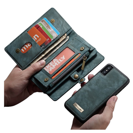 iPhone XS CASEME 2in1 haljais nahkainen lompakko suojakotelo missä useat kortti paikat ja kolikko tasku - Sininen