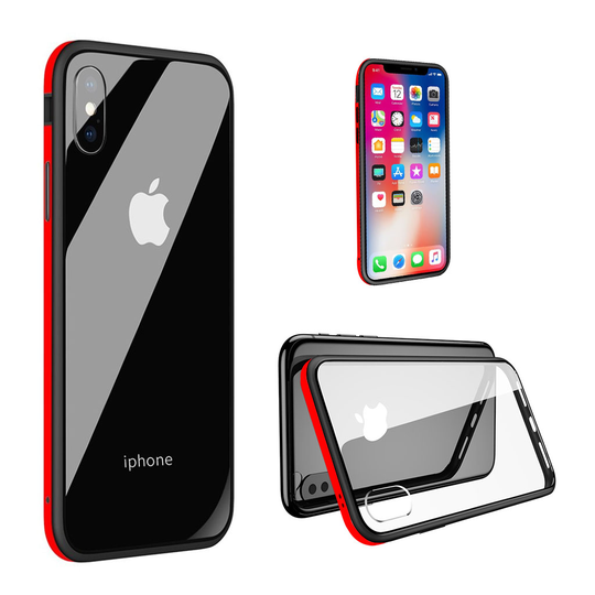 iPhone Xr SULADA hybriidi takasuoja kuori missä karkaistu lasi sekä metalli ja muovi - Punainen