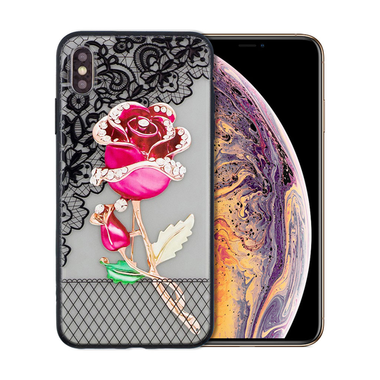 iPhone XS Tekojalokivi koristeltu kukka ja pitsi kuviollinen hybriidi suojakuori - Ruusu Kukka