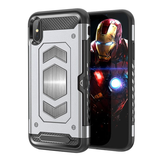 iPhone 9 Plus Hybriidi Muovinen Takasuoja Kuori Magneetti Laatalla Ja Kortti Paikalla - Hopea