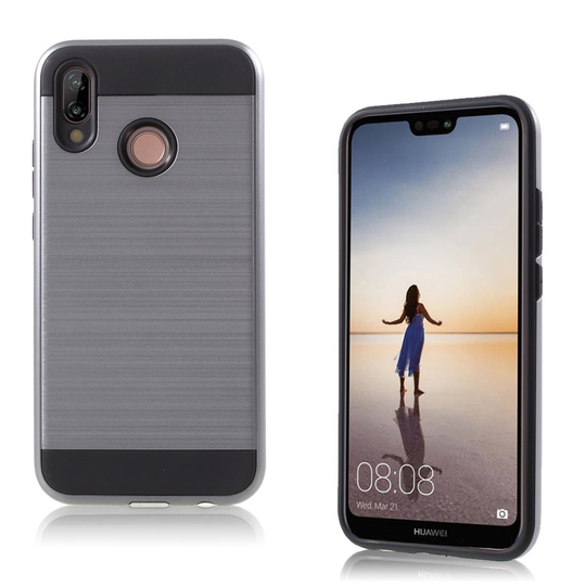 Huawei P20 Lite Hiilikuitu Harjattu Hybriidi PC Ja TPU Muovi Takasuoja Kuori - Harmaa