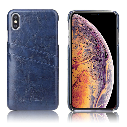 iPhone Xs Max FIERRE SHANN öljyvahattu synteetti nahkainen suojakuori kortti paikoilla - Sininen