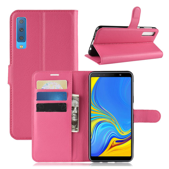 Samsung Galaxy A7 (2018) synteetti nahkainen lompakko kotelo missä liitsihedelmä jyväinen rakenne pinta - Ruusu