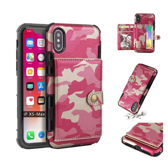 iPhone Xs Max SHOUHUSHEN kamo kuviollinen muovipohjainen synteetti nahka suojakuori kortti paikoilla - Ruusu