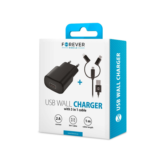 Forever USB Laturi 2A TC-01 + 3in1 nylon kaapeli (micro USB + iPhone + Type-C)