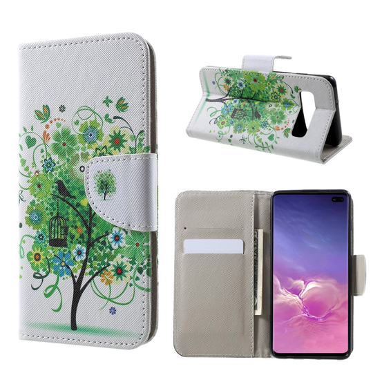 Samsung Galaxy S10 Plus risti pintainen nahkainen flip suojakotelo - Vihreä Puu