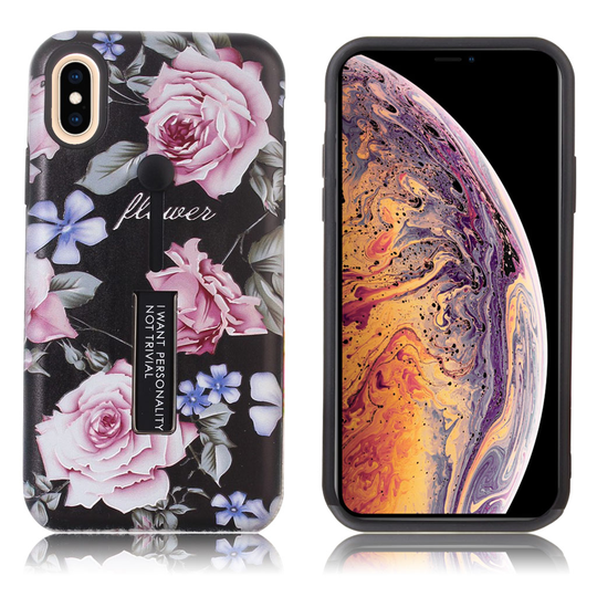 iPhone Xs Max Kukka kuviollinen hybriidi muovinen takasuoja kuori jalkatuella - Kukkivat Peonit