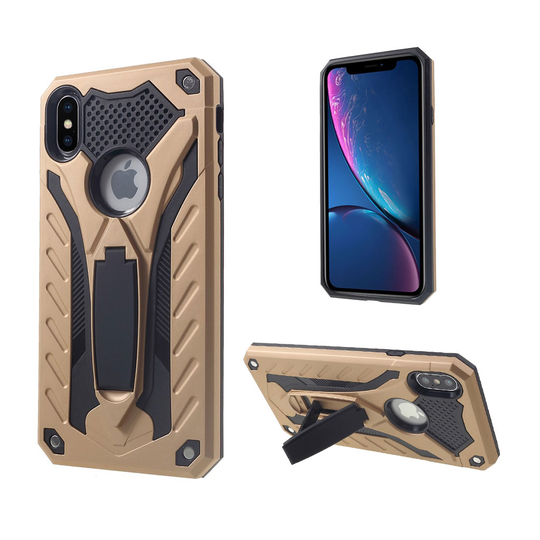 iPhone Xs Max iskukestävä harjattu hybriidi muovinen takasuoja kuori jalkatuella - Kulta