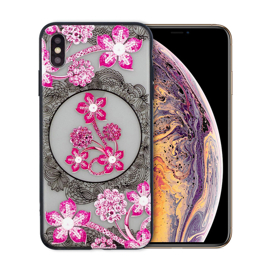 iPhone XS Tekojalokivi koristeltu kukka ja pitsi kuviollinen hybriidi suojakuori - Pinkki Kukka