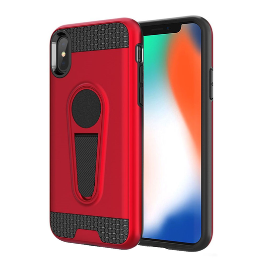 iPhone 9 Plus Hiilikuitu Harjattu Hybriidi Muovinen Takasuoja Kuori Jalkatuella - Punainen