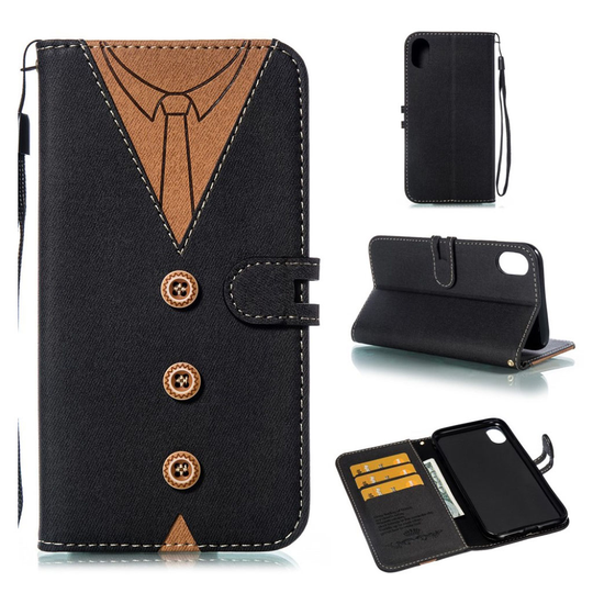 iPhone Xr imprint men tie décor leather flip case - Black