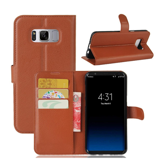 Samsung Galaxy S8+ Litsi Pintainen Nahkakotelo Korttitaskuilla - Ruskea