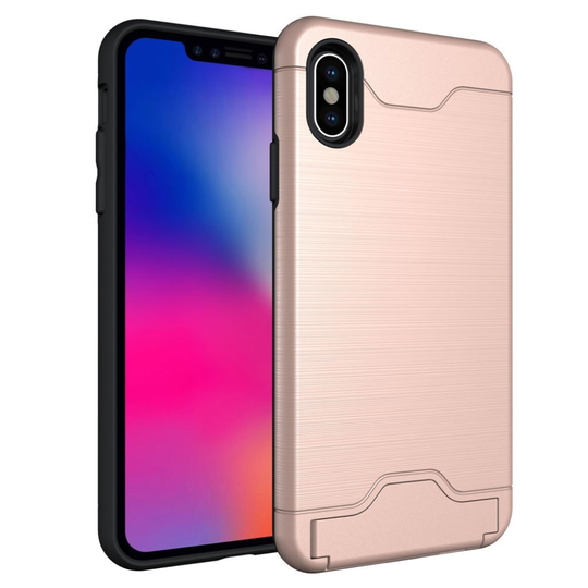 iPhone 9 Plus Harjattu Pintainen Hybriidi Muovinen Takasuoja Kuori Salaisella Korttipaikalla - Ruusu Kulta