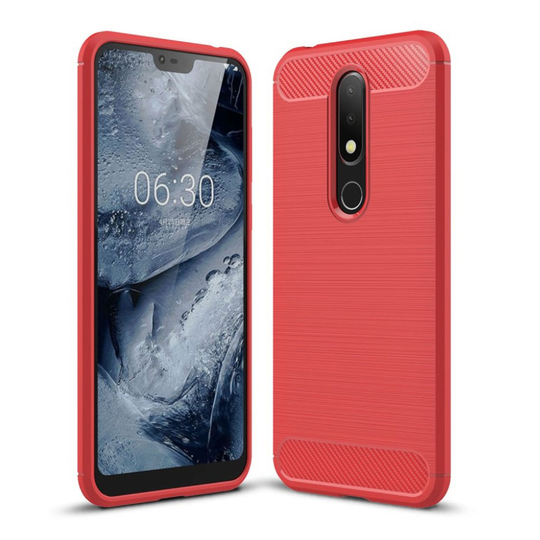 Nokia 6.1 Plus Hiilikuitu Harjattu Pintainen Pehmeä Muovinen Takasuoja Kuori - Punainen