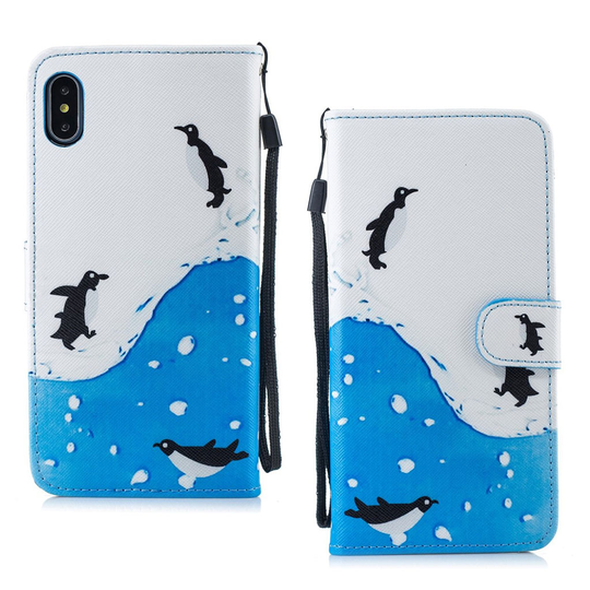 iPhone Xs Max Synteetti nahkainen kuviollinen taivutettava lompakko suojakotelo - Pingviinit