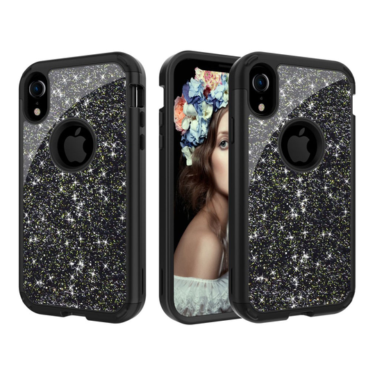 iPhone Xr kimalle puuteri koristeltu hybriidi muovinen takasuoja kuori - Musta