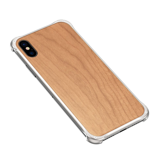 iPhone X puun rakenne pintainen kova takasuoja kuori alumiini kehyksellä - Hopea/ Kirsikkapuu
