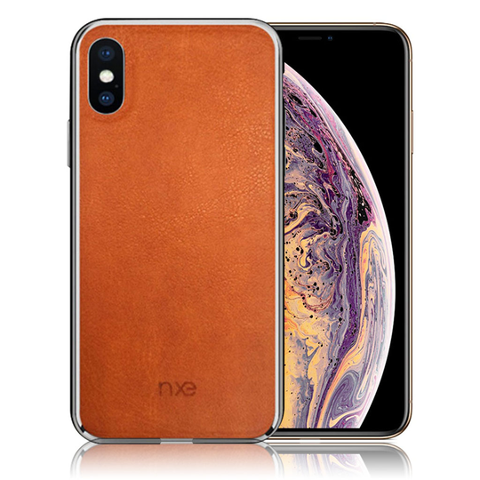 iPhone Xs Max NXE kova muovinen suojakuori pinnoitettuu aidolla nahalla - Ruskea