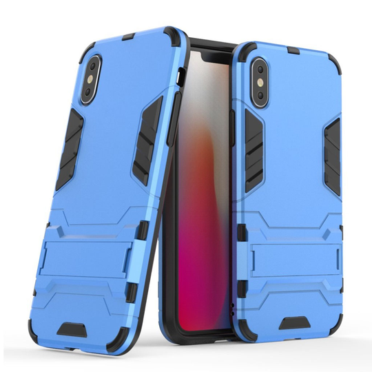 iPhone XS Liukuestoinen metalli pintainen hybriidi muovinen takasuoja kuori jalkatuella - Vaalean Sininen