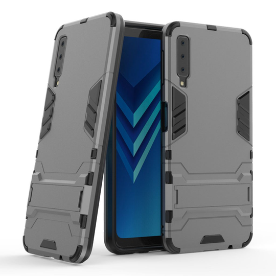 Samsung Galaxy A7 (2018) kilpikova hybriidi muovinen takasuoja kuori jalkatuella - Harmaa