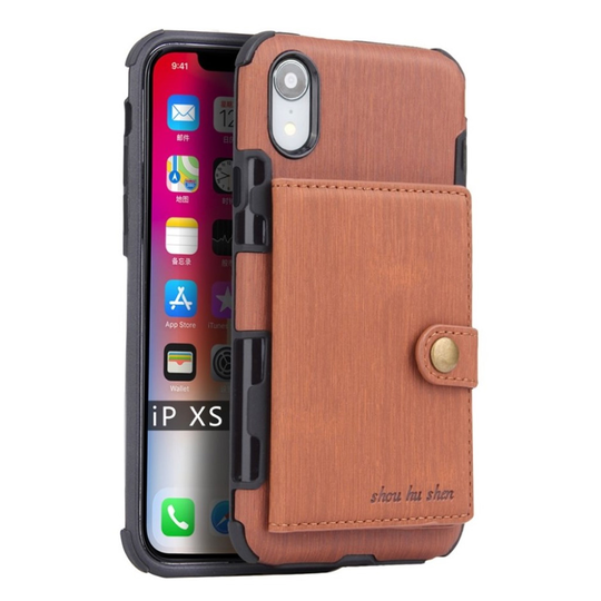 iPhone XS SHOUHUSHEN synteetti nahkainen suojakuori kortti paikoilla - Ruskea
