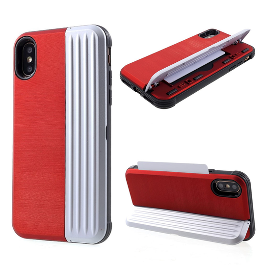 iPhone XS hybriidi muovinen takasuoja kuori jalkatuella - Punainen/ Hopea