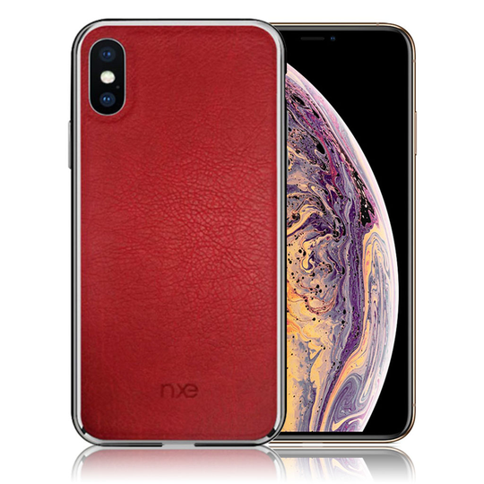iPhone Xs Max NXE kova muovinen suojakuori pinnoitettuu aidolla nahalla - Punainen