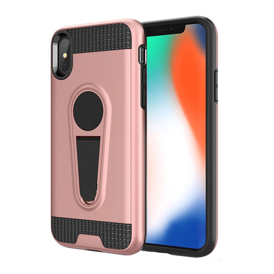 iPhone 9 Plus Hiilikuitu Harjattu Hybriidi Muovinen Takasuoja Kuori Jalkatuella - Ruusu Kulta