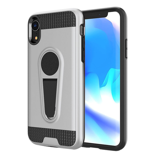 iPhone 9 Hiilikuitu Harjattu Hybriidi Muovinen Takasuoja Kuori Jalkatuella - Hopea
