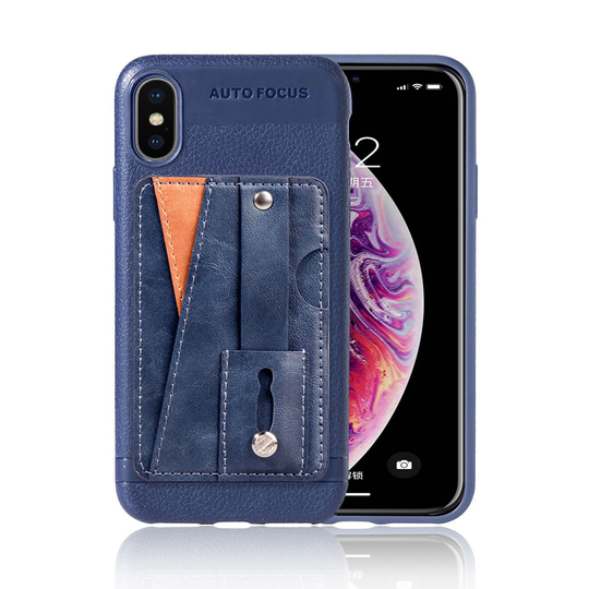 iPhone Xs Max liitsihedelmä pintainen pehmeä muovinen suojakuori nahkaisella kortti paikalla - Sininen