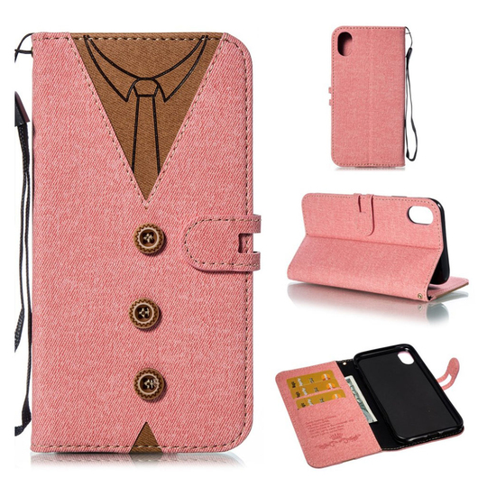 iPhone Xr imprint men tie décor leather flip case - Pink