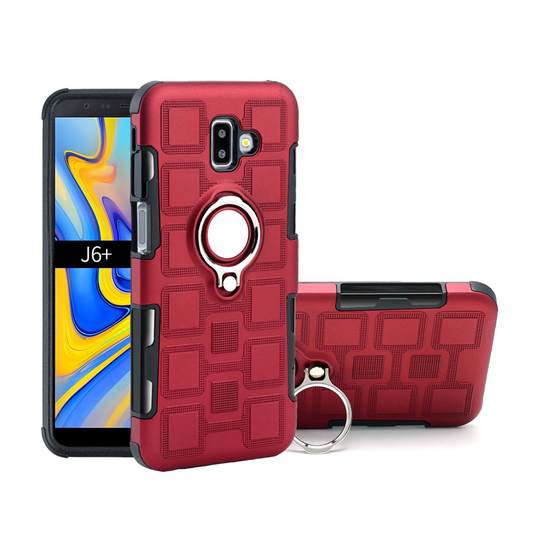 Samsung Galaxy J6 Plus (2018) hybriidi takasuoja kuori kuviollisesta muovista missä magneetti ja sormirengas - Punainen