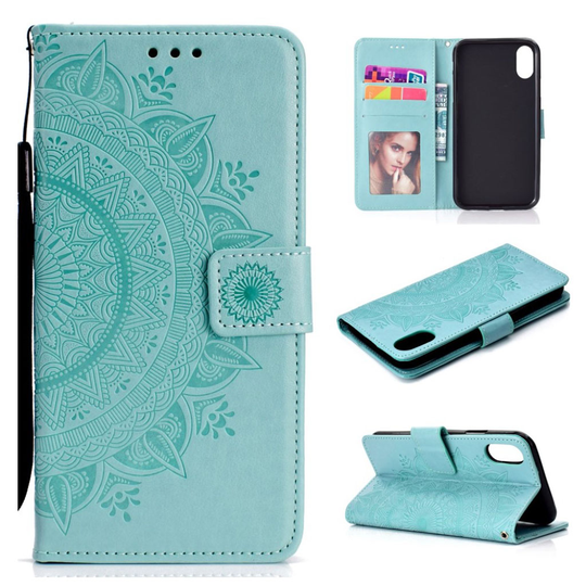 iPhone 9 Plus Mandala Printti Kuviollinen Synteetti Nahkainen Lompakko Suojakotelo - Cyaani