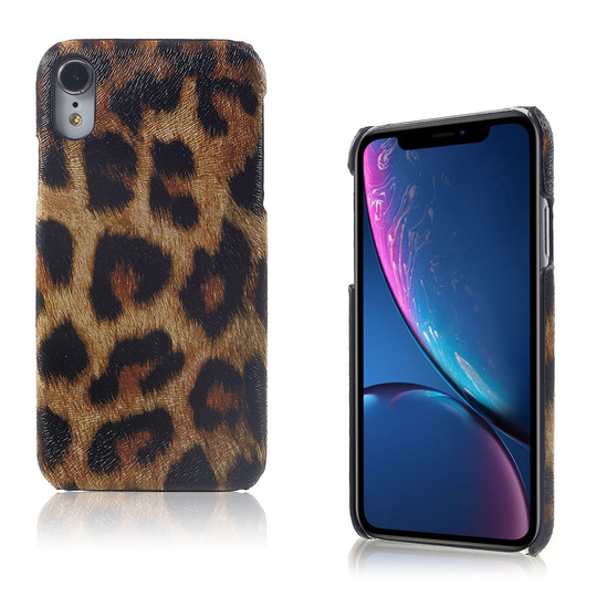 iPhone Xr kova muovinen takasuoja kuori pinnoitettu kuviollisella synteetti nahalla - Iso Leopardi