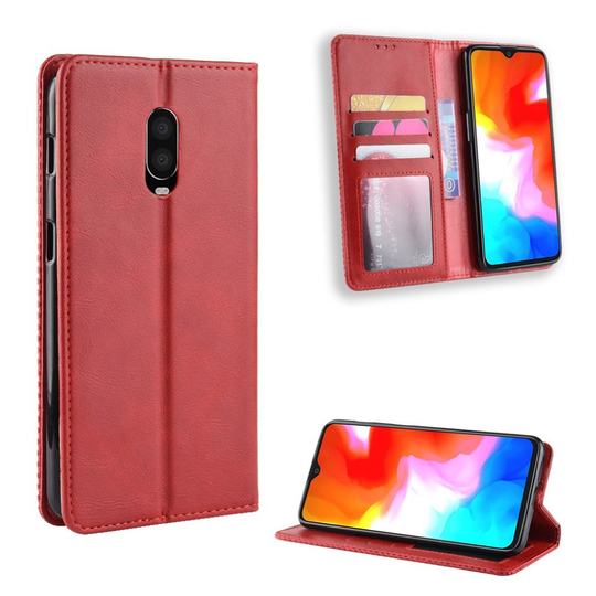 OnePlus 6T vintage Malli nahkainen flip suojakotelo - Punainen