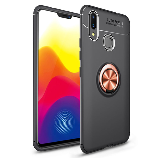 Huawei P Smart Plus silikooni muovinen pehmeä takasuoja kuori sormirenkaalla - Musta/ Ruusu Kulta