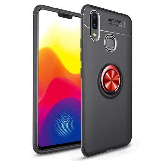 Huawei P Smart Plus silikooni muovinen pehmeä takasuoja kuori sormirenkaalla - Musta/ Punainen