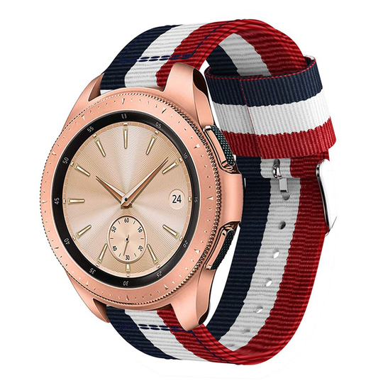 Samsung Galaxy Watch (42mm) raidallinen nailoni kangas kellon vaihdettava ranneke metalli soljella - Valkoinen/ Sininen/ Punainen