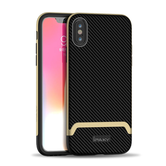 iPhone 9 Plus IPAKY Puskuri Muovinen Takasuoja Kuori Hiilikuitu Harjatulla Pinnalla - Musta/ Kulta