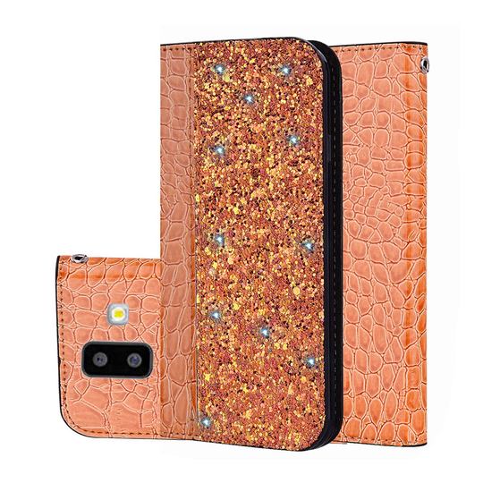 Samsung Galaxy J6 Plus (2018) krokotiili ja kimalle synteetti nahkainen lompakko kotelo - Oranssi